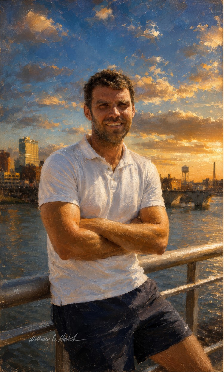 Finished portrait of the same man recomposed in a confident pose against a glowing waterfront sunset.
