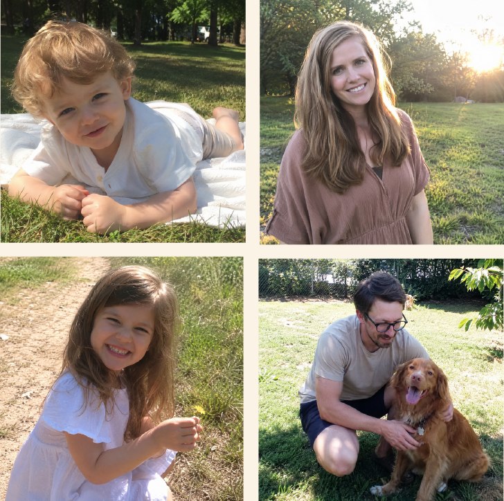 Four separate, unrelated snapshots of family members and a dog, taken at different times and places.