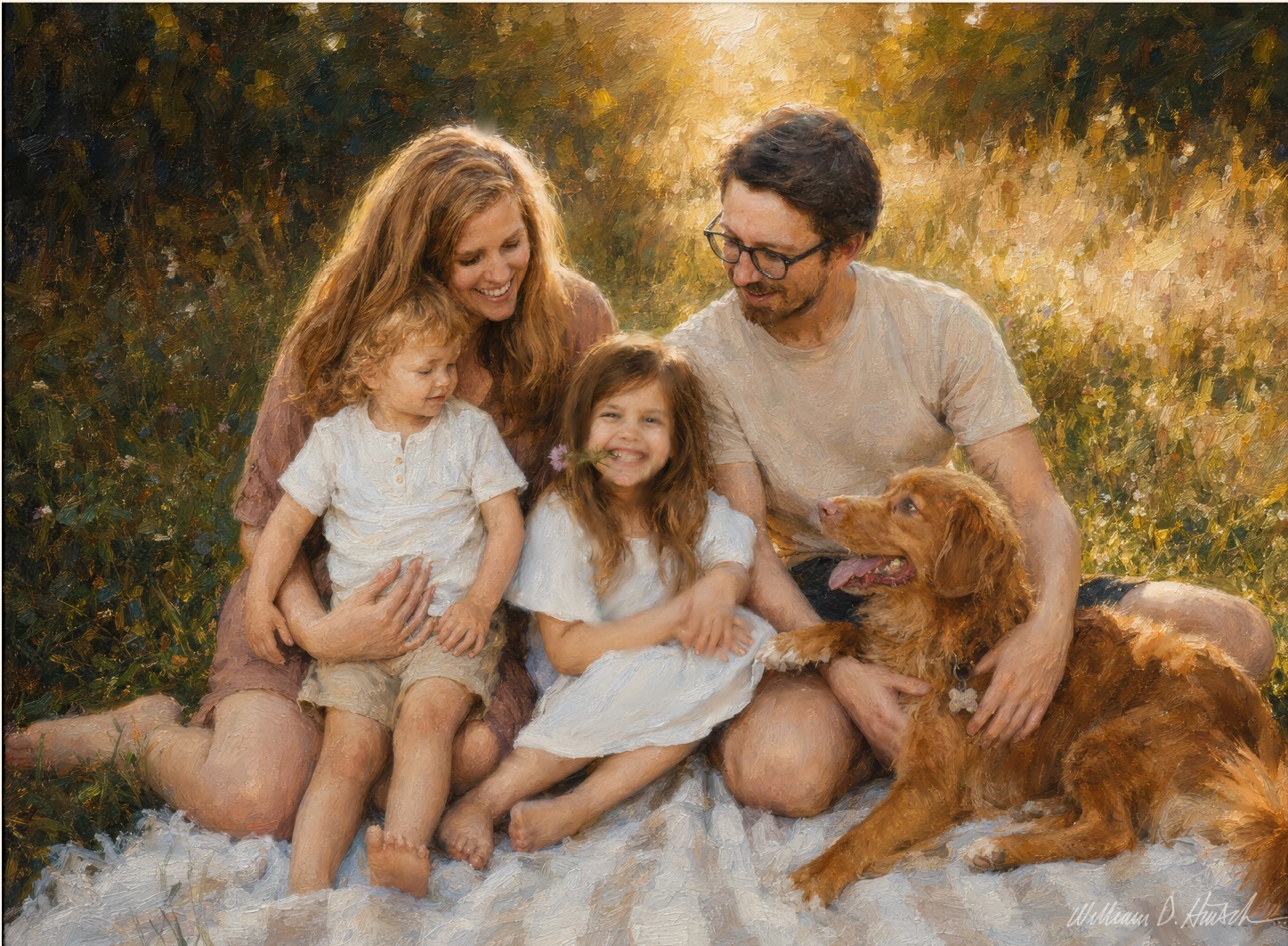 Finished portrait combining the family and their dog into one cohesive golden-hour meadow scene that never actually happened.