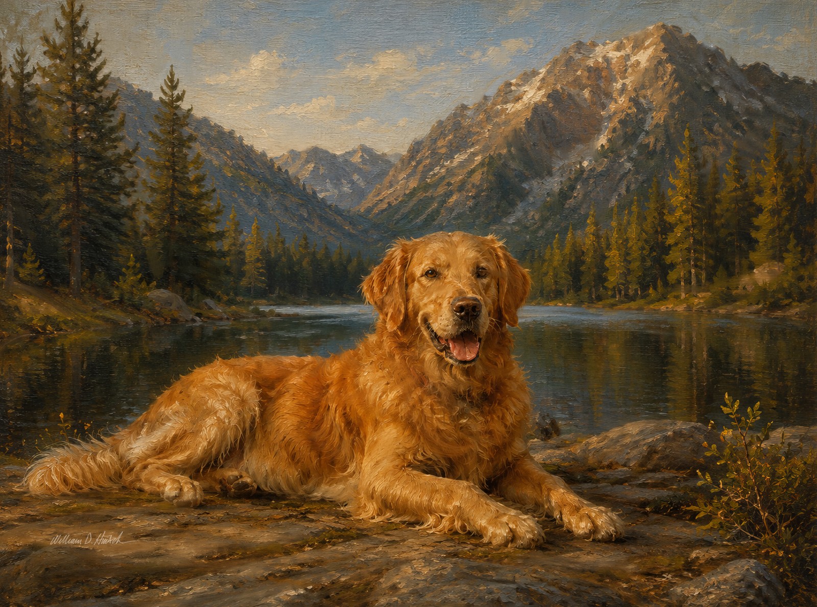 Finished oil portrait of the same golden retriever, placed in a meaningful mountain-and-lake landscape.