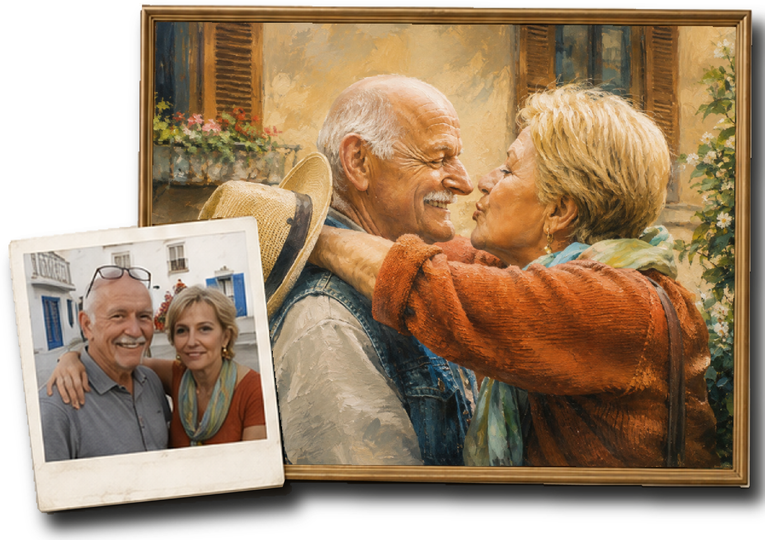 A casual travel snapshot of an older couple overlapping the finished painted portrait created from their likenesses.