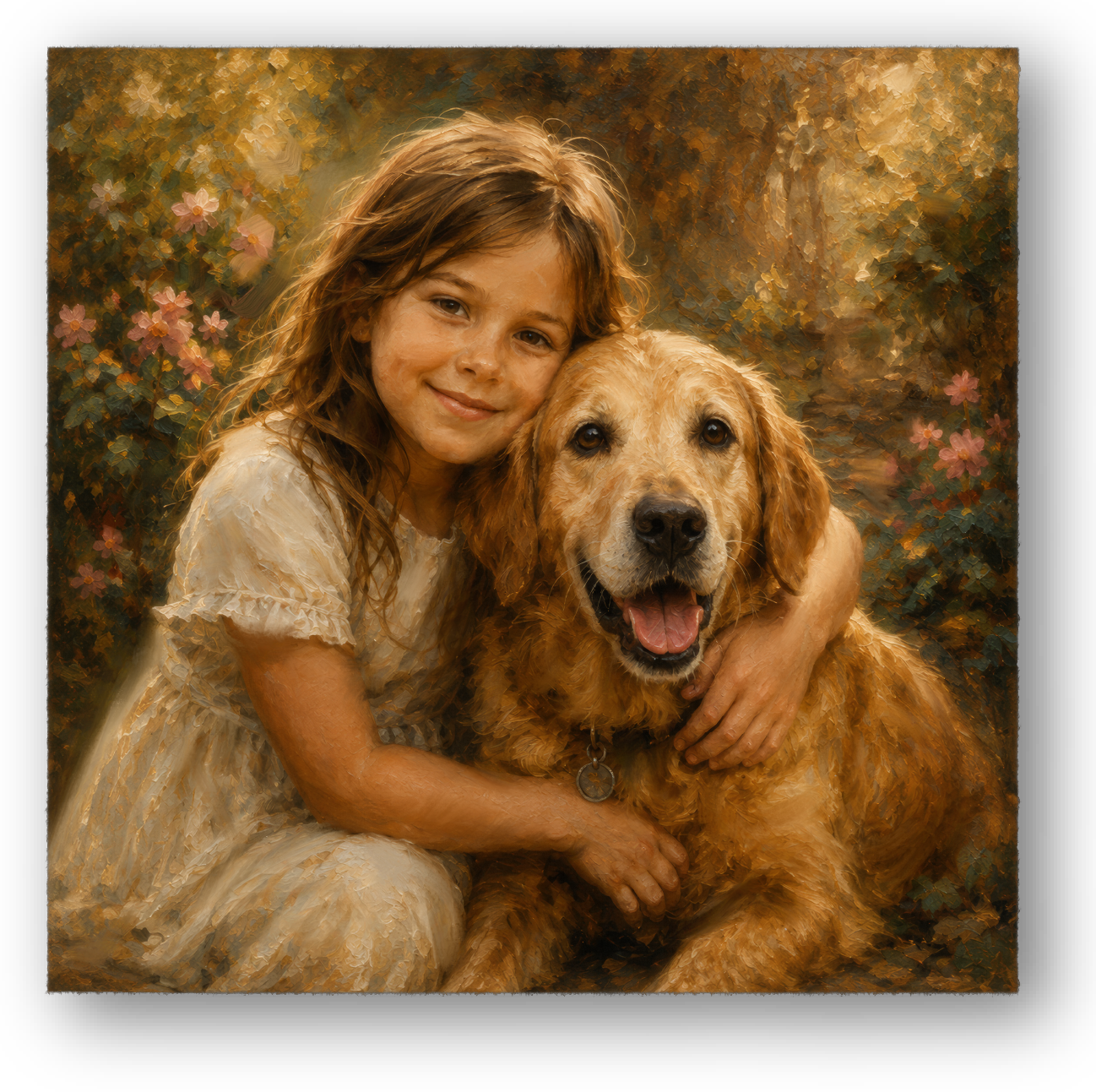 Finished painted portrait of the girl and golden retriever, reimagined in warm natural light and a quiet garden setting.