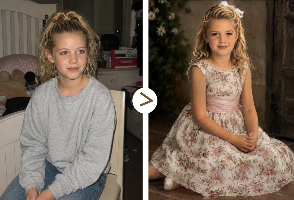 Before and after comparison: an ordinary bedroom snapshot of a young girl beside the finished formal painted portrait.