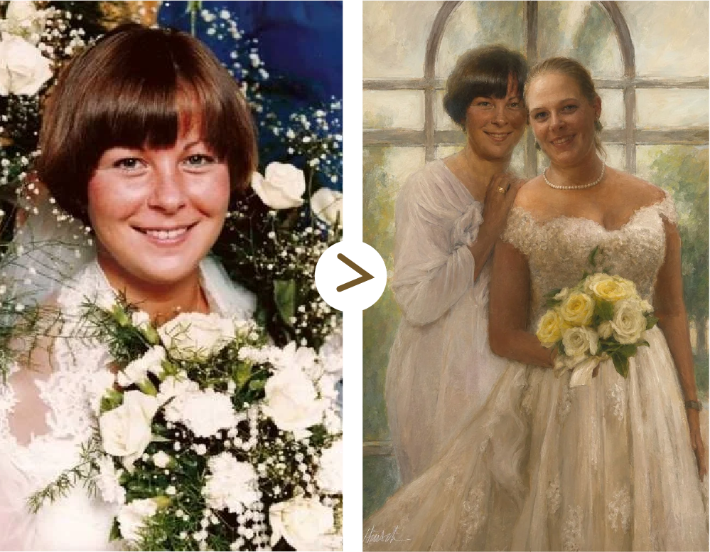 Before and after comparison: a documentary wedding reference photograph beside a more celebratory painted bridal portrait.