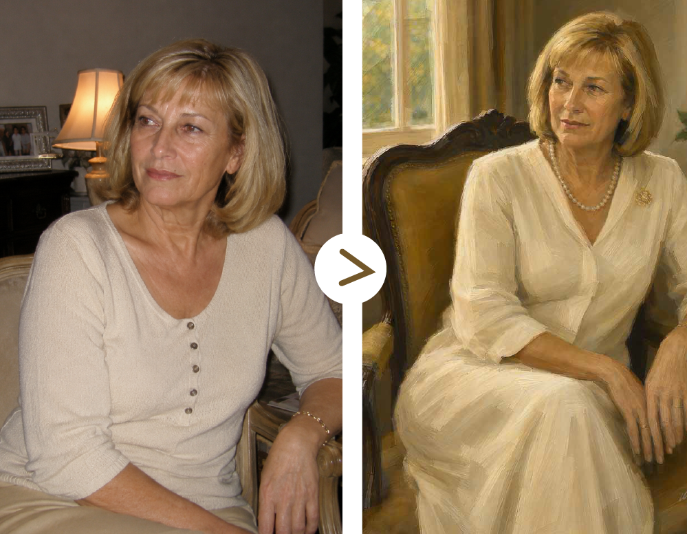 Before and after comparison: a casual indoor photograph of a woman beside her elegant finished painted portrait.