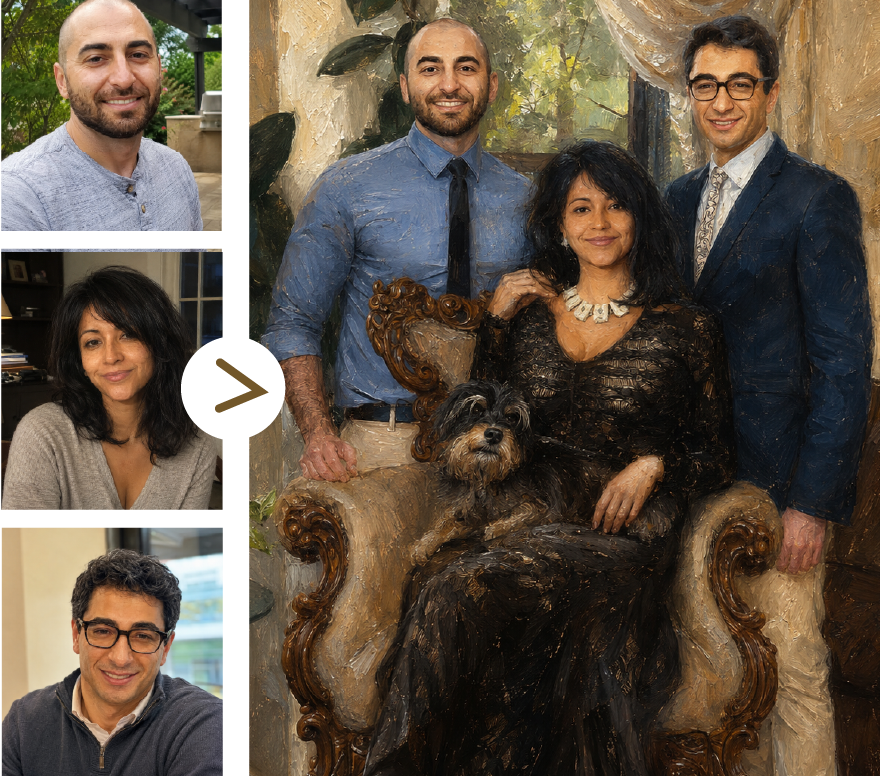 Before and after comparison: three separate family headshots combined into a unified formal family portrait.